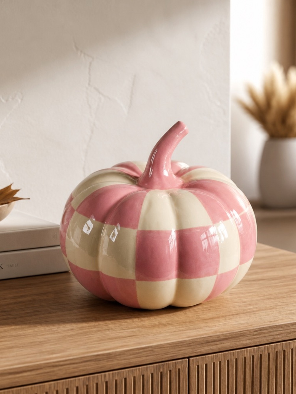 Pink and Cream Checkered Ceramic Pumpkin Decorative Accent